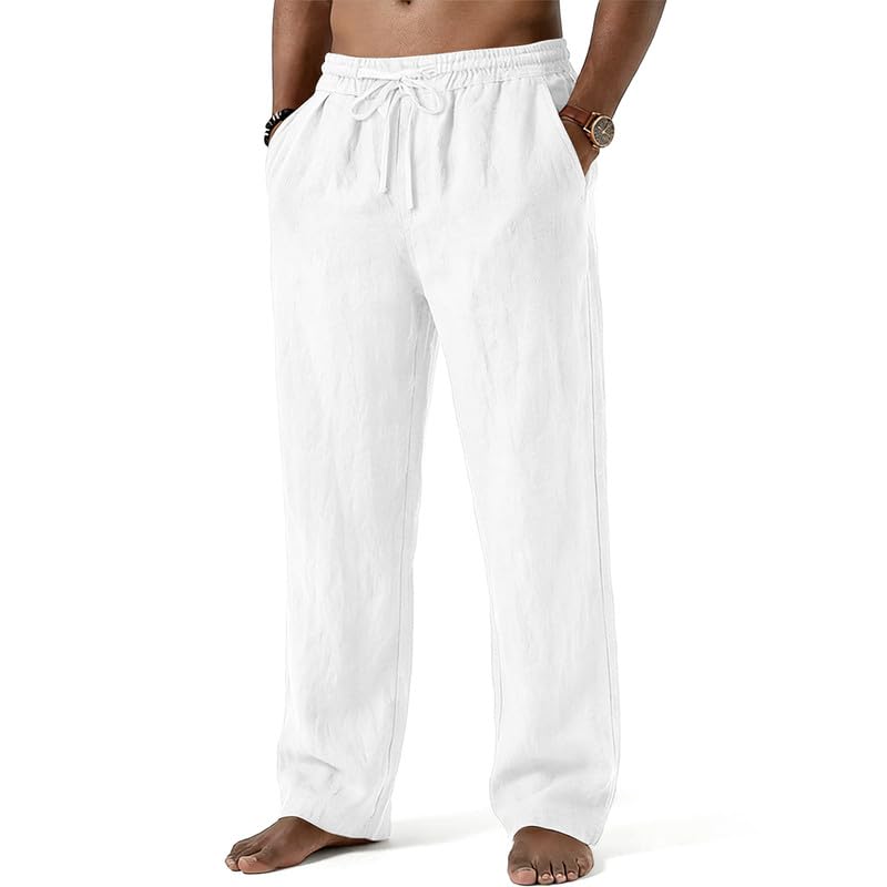 Mens Cotton Linen Pants Summer Beach Pant Loose Fit with Drawstring