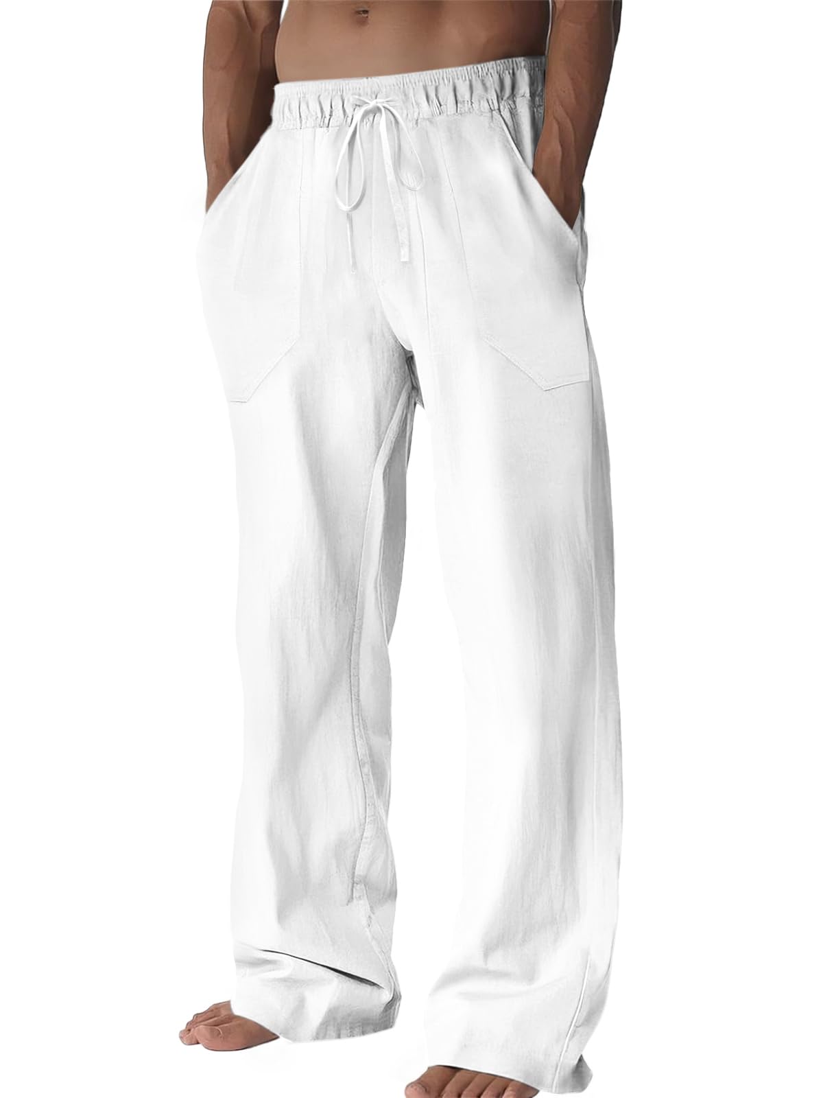 Runcati Mens Casual Pants Linen Drawstring Elastic Waist Loose Fit Straight Leg Pants Summer Beach Vacation Yoga Trousers