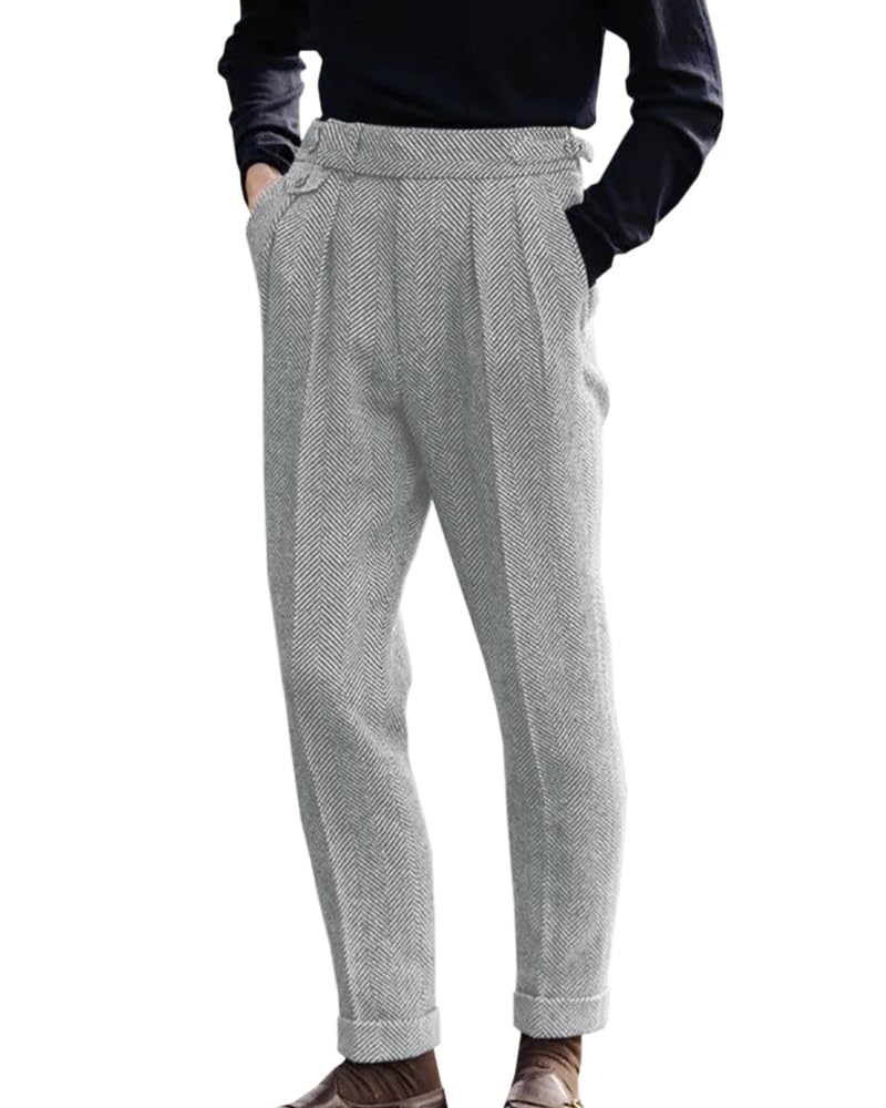 Men's Herringbone Tweed Dress Pants Regular Fit Vintage Wool Trousers