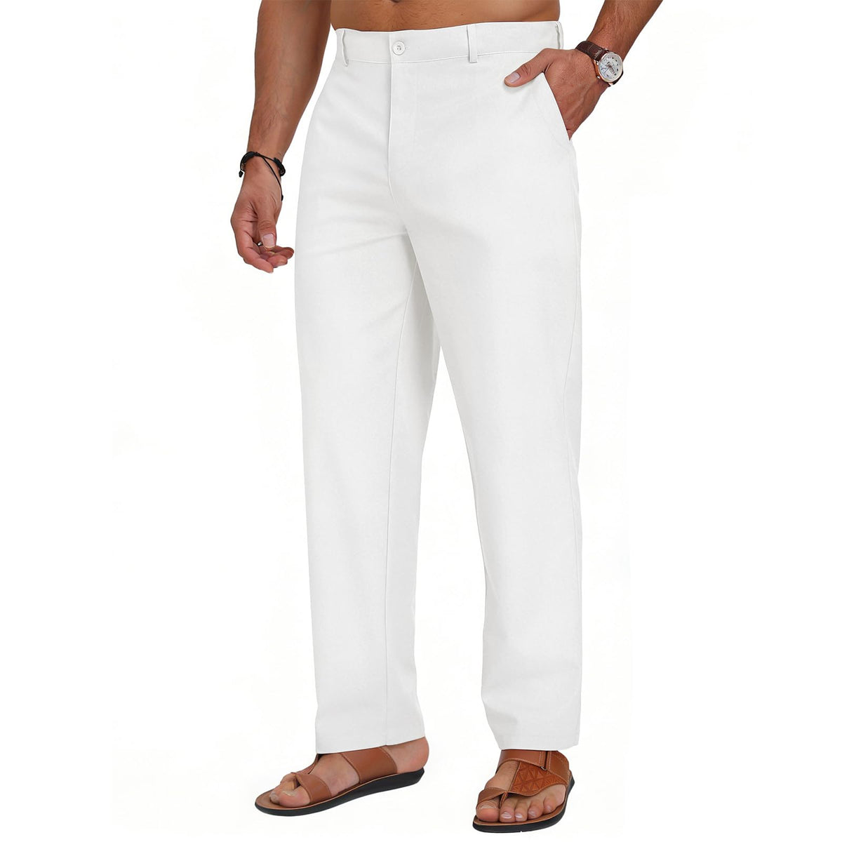Puimentiua Mens Linen Casual Business Dress Pants Elastic Waist Regular Fit