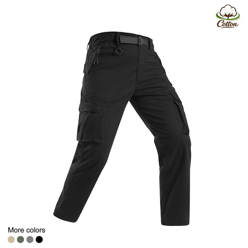 Zip Pocket Belted Elastic Waist Straight Leg Cargo Pants, Cotton Loose Fit Tactical Work Trousers, Lightweight Mens Hiking Street Travel Casual Everyday Pants