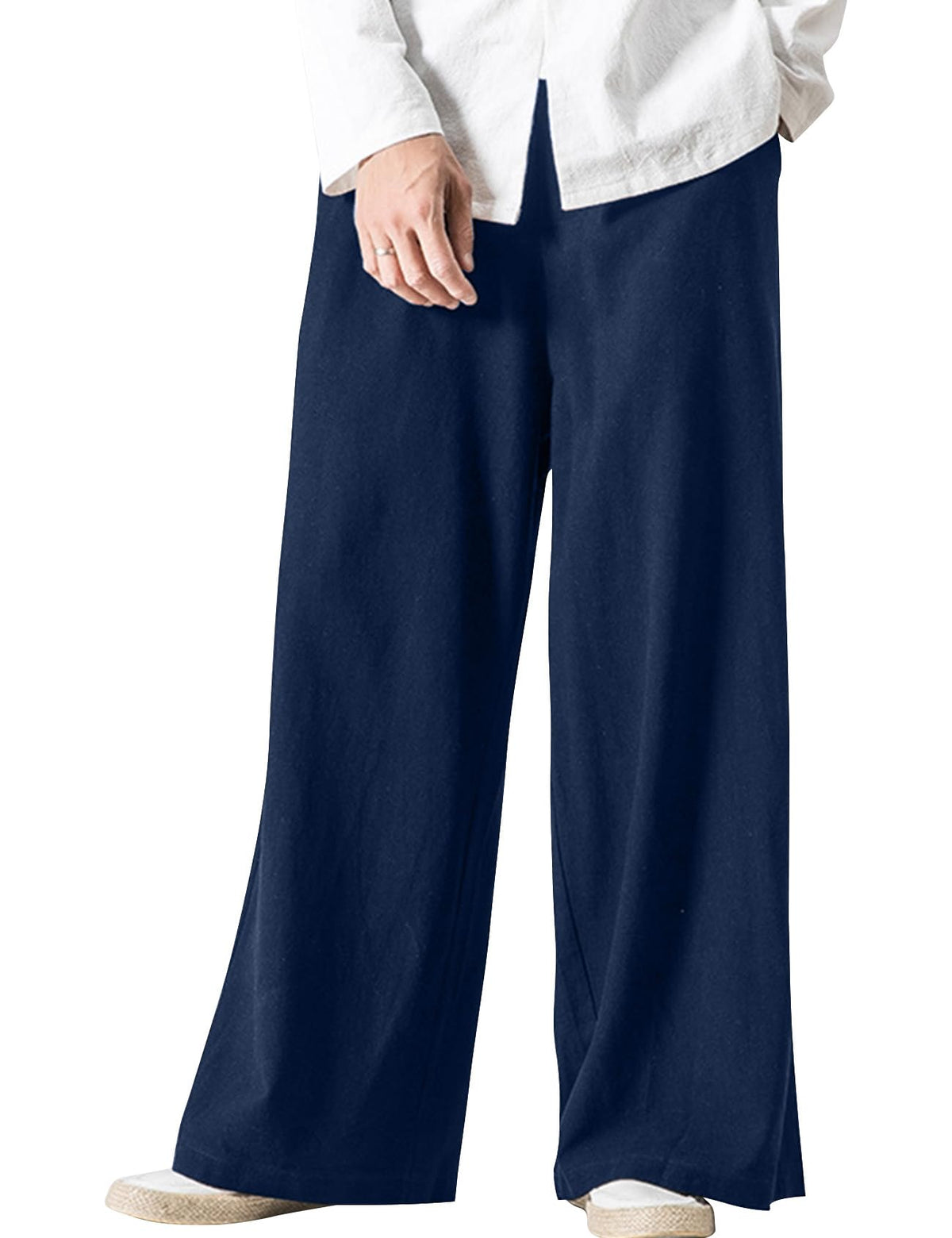 Kissonic Mens Casual Linen Pants Elastic Waist Cotton Wide Leg Trousers