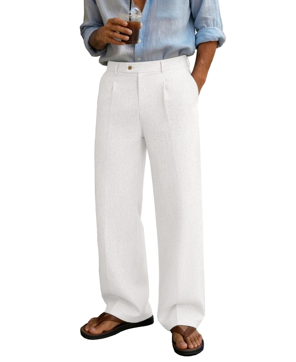 Susclude Mens Linen Casual Dress Pants Wide Leg Baggy Pleated Work Trousers