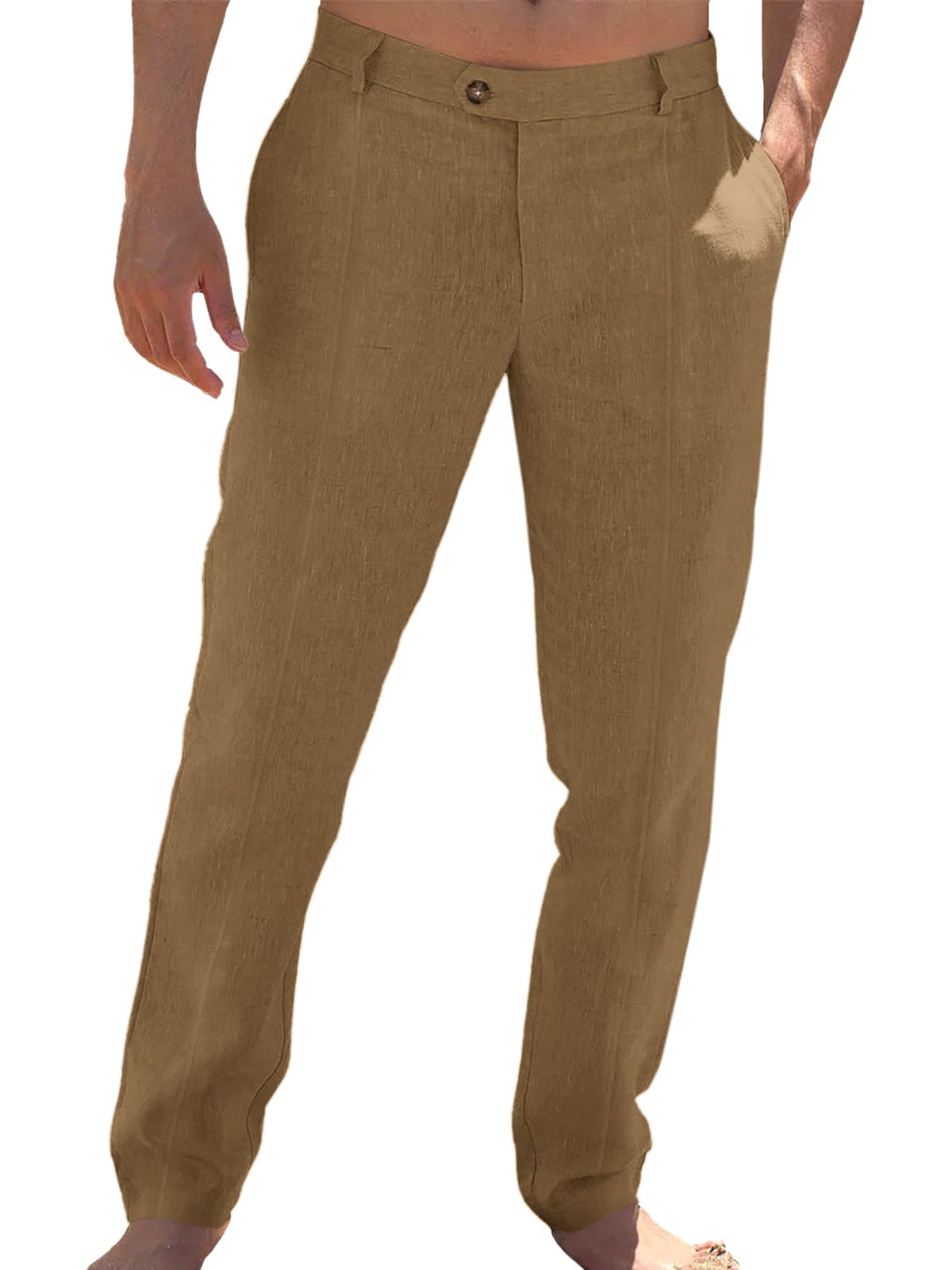 Runcati Mens Cotton Linen Casual Pants Dress Elastic Waist Trousers Slacks