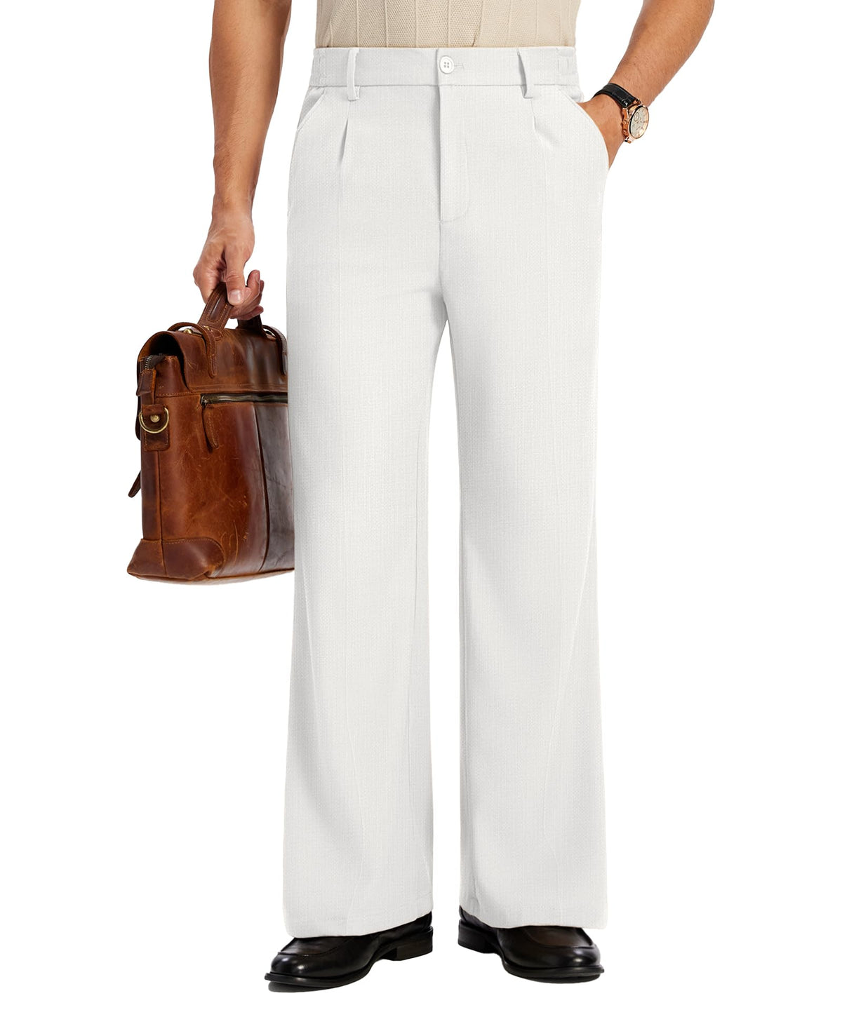 Susclude Mens Bootcut Casual Dress Pants Flared Wide Leg Old Money Pleated Elastic Waist Slacks Vintage Work Office Trousers