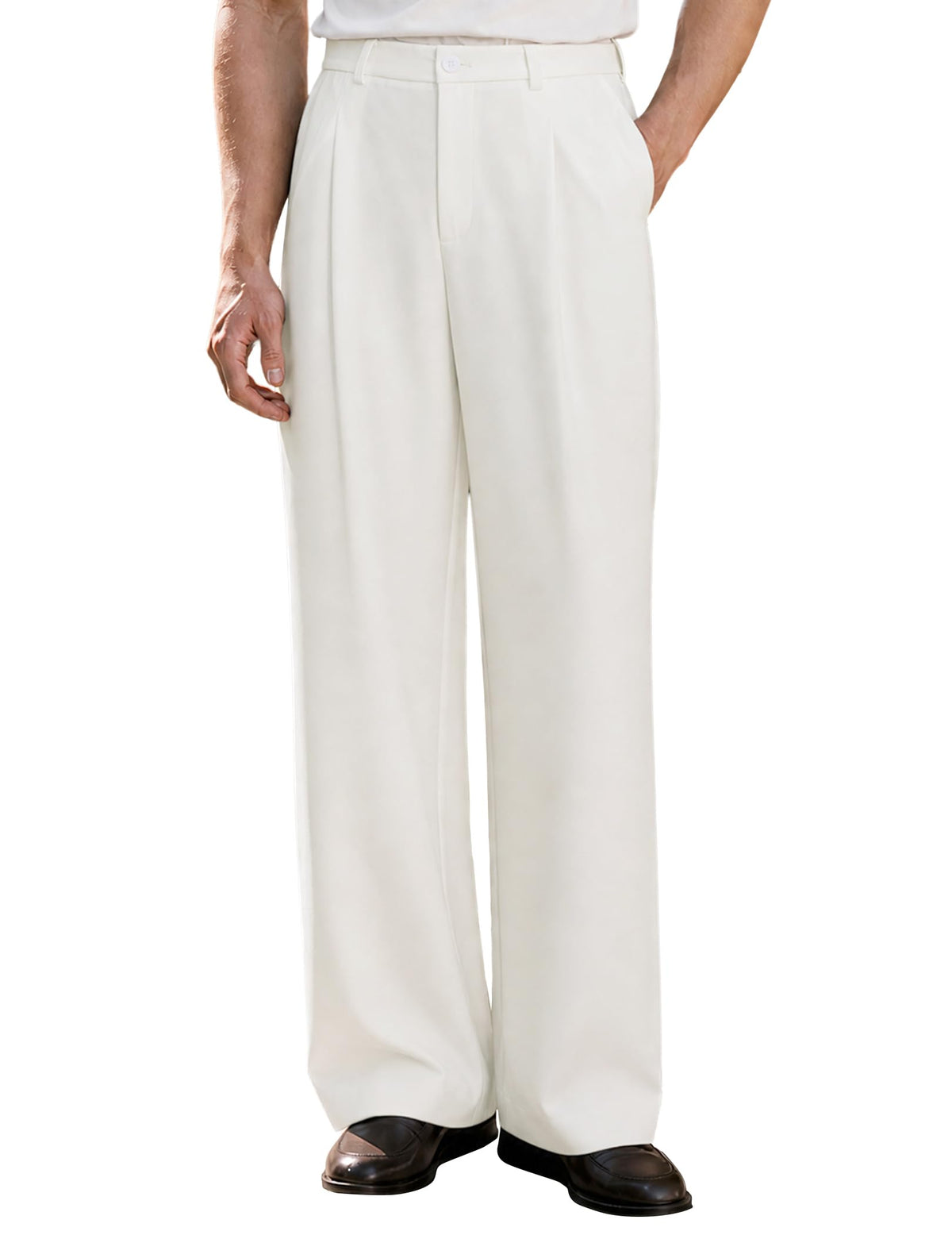 Uni Clau Men's Pleated Dress Pants Baggy Wide Leg Trousers Elastic Waist
