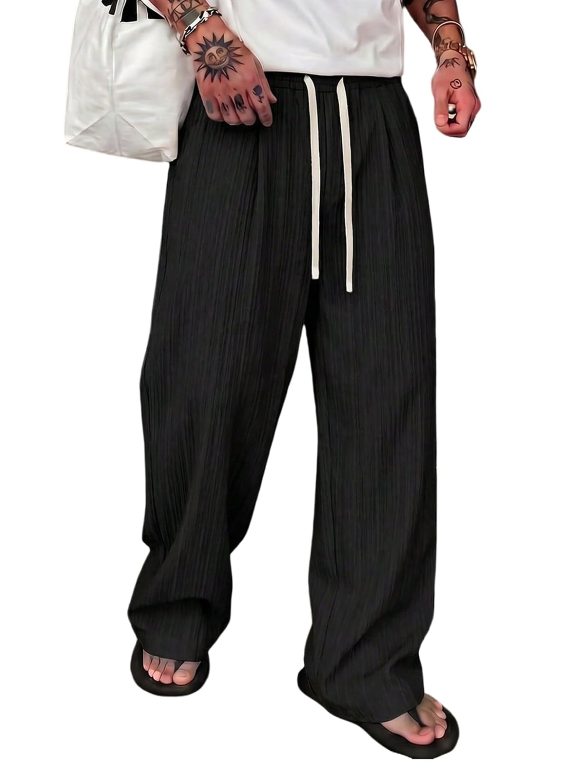 SOLY HUX Men's Striped Baggy Wide Leg Pants Drawstring Pants Trousers
