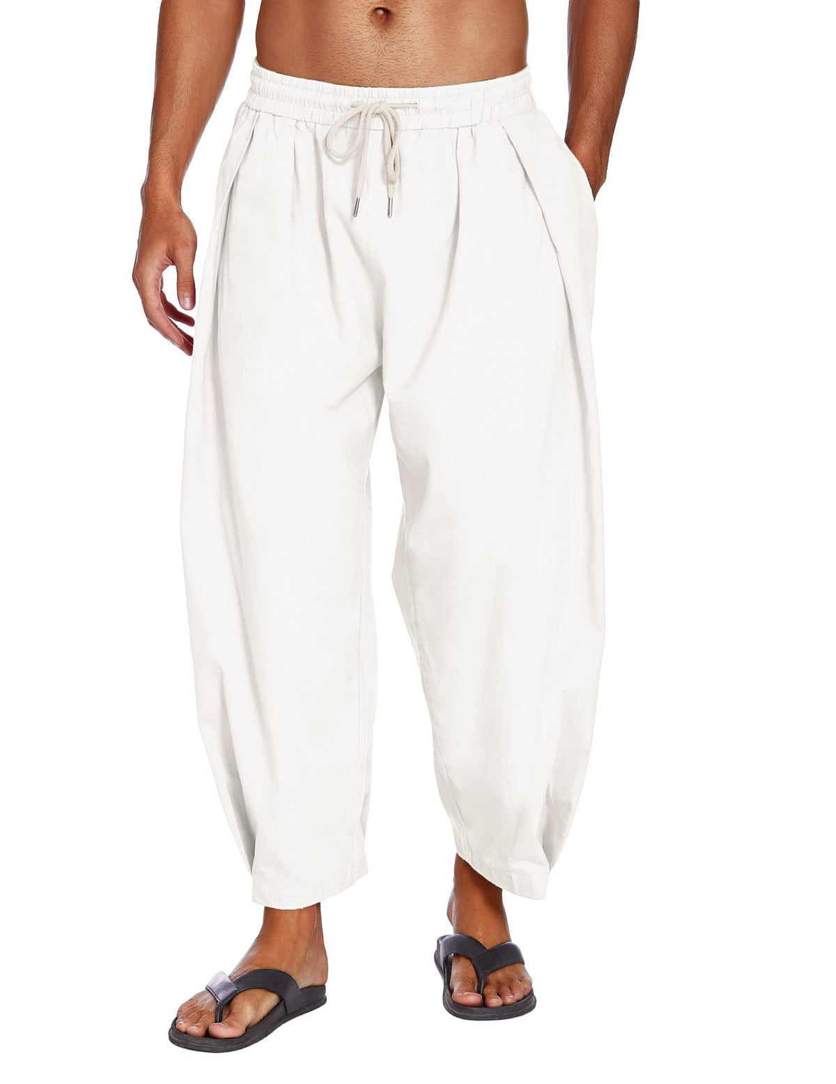 COOFANDY Men's Cotton Linen Harem Pants Drawstring Casual Cropped Trousers Lightweight Loose Beach Yoga Pants with Pockets