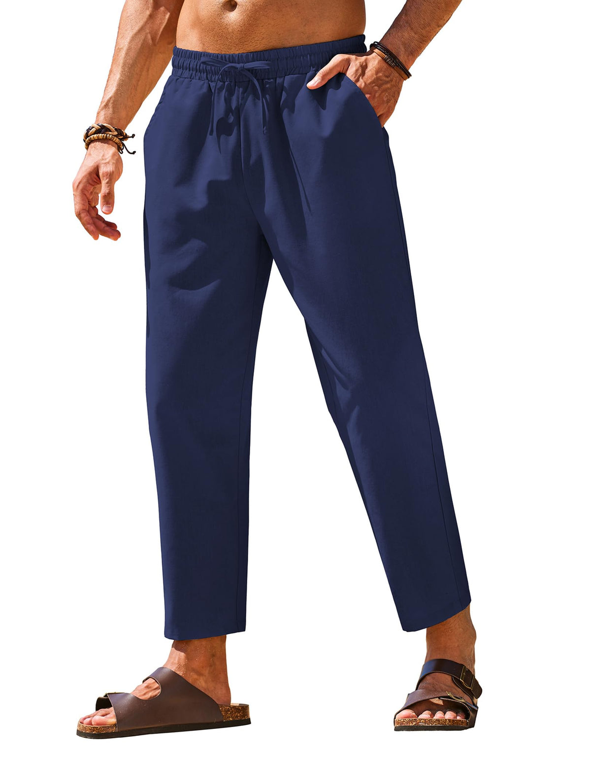 COOFANDY Mens Linen Casual Pants Elastic Drawstring Trousers Summer Pants