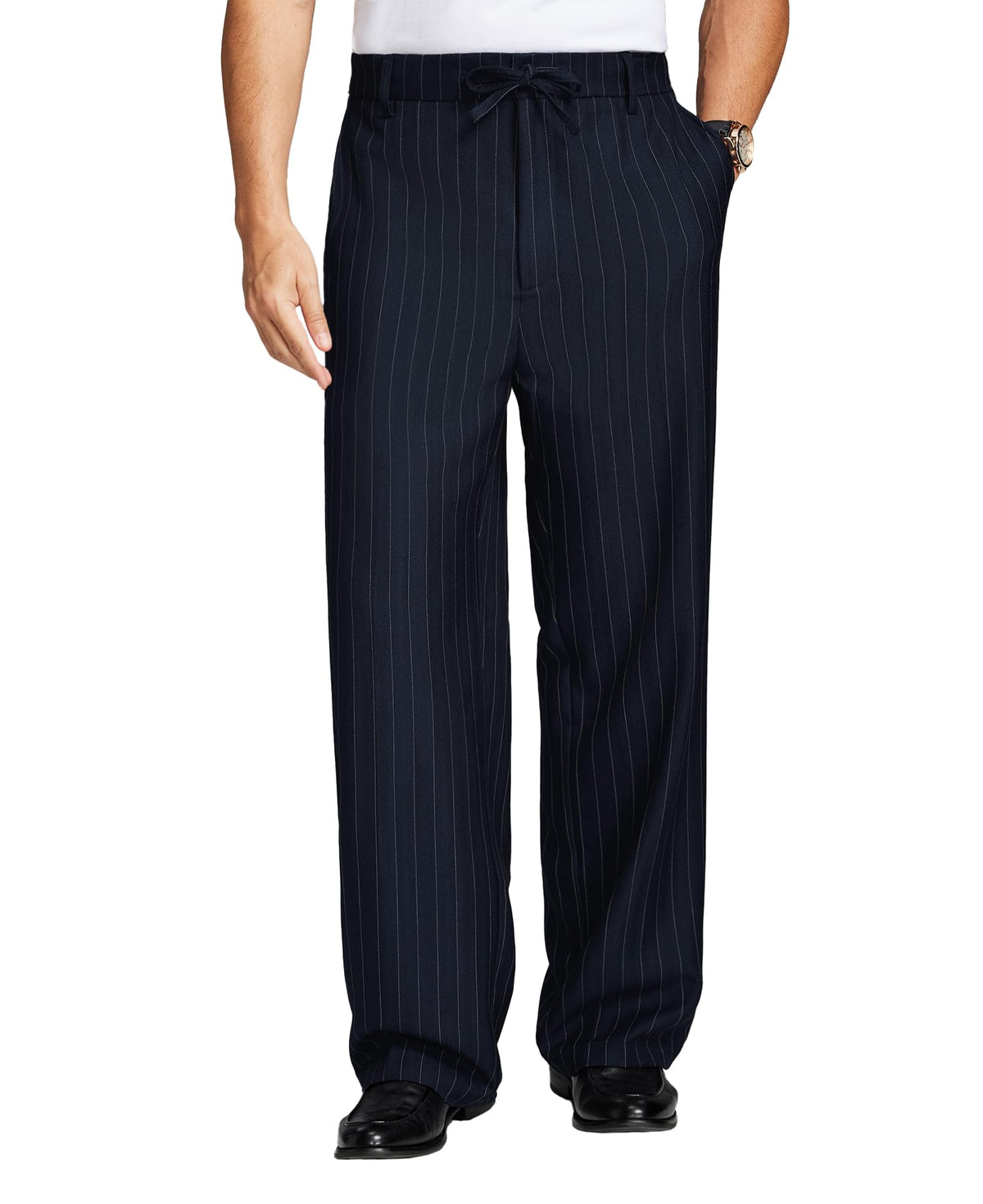Susclude Mens Pinstripe Wide Leg Dress Pant Baggy Drawstring Trouser Street