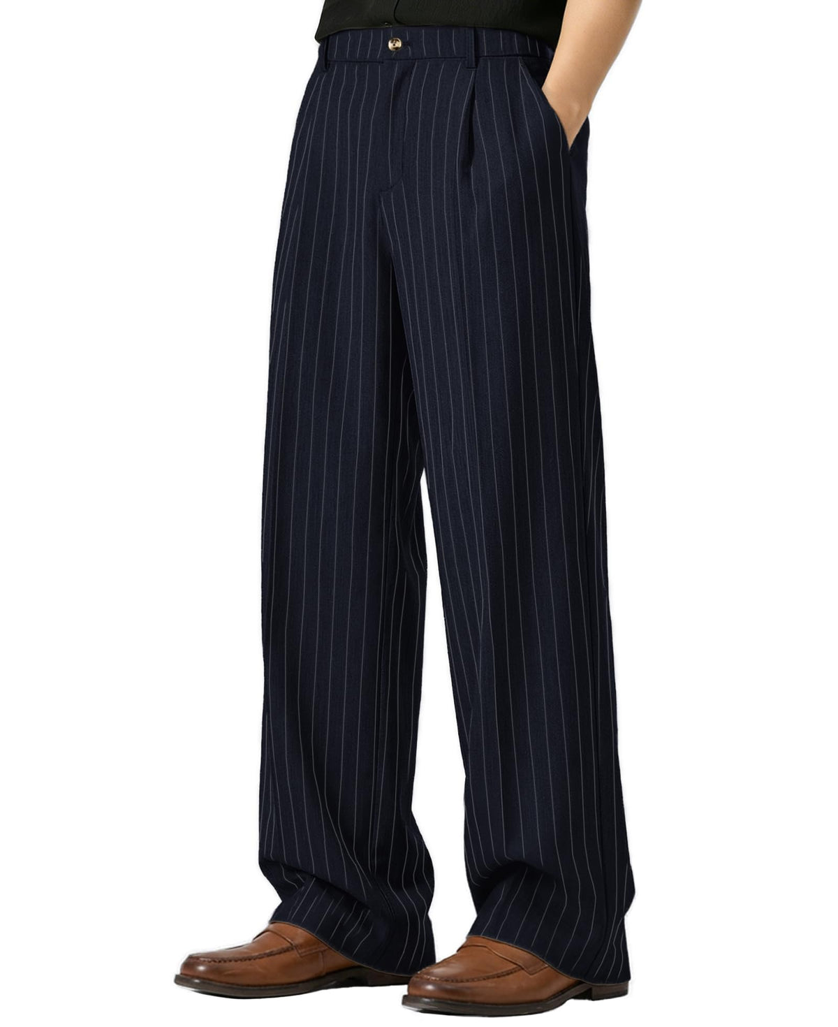 Susclude Mens Pinstripe Casual Dress Pants Old Money Wide Leg Baggy Pleated Slacks Elastic Wasist Loose Fit Work Trousers