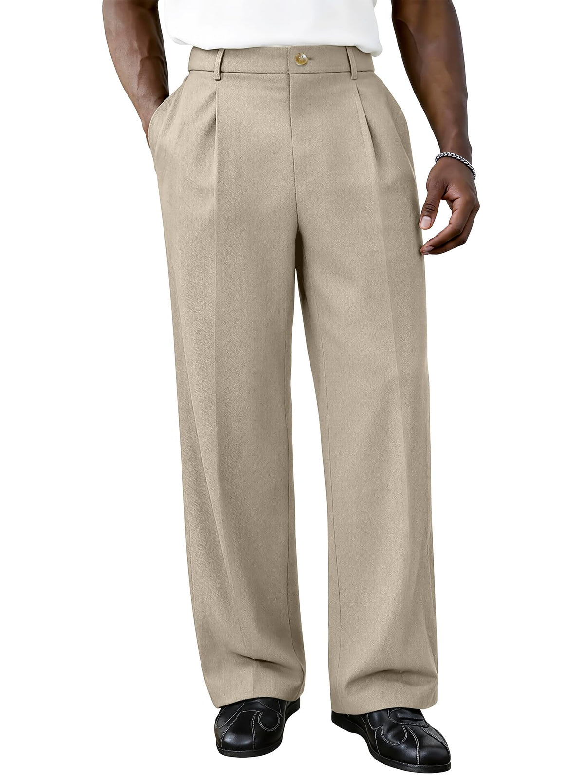 PLEPAN Men's Baggy Dress Pants Pleated Wide Leg Relaxed Fit Slacks