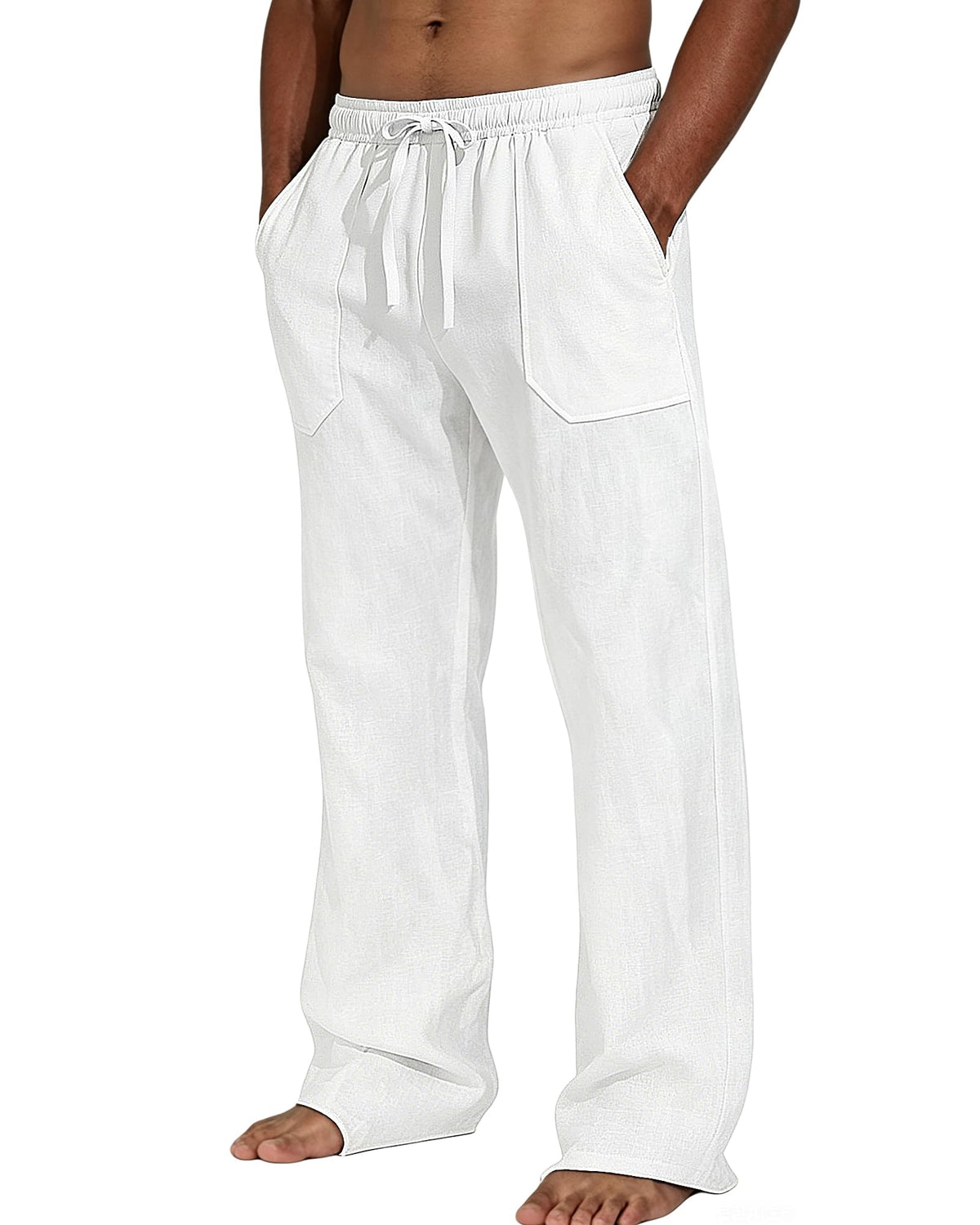 Men's Cotton Linen Casual Pants Elastic Waist Drawstring Loose Straight Leg Lightweight Summer Beach Yoga Lounge Trousers