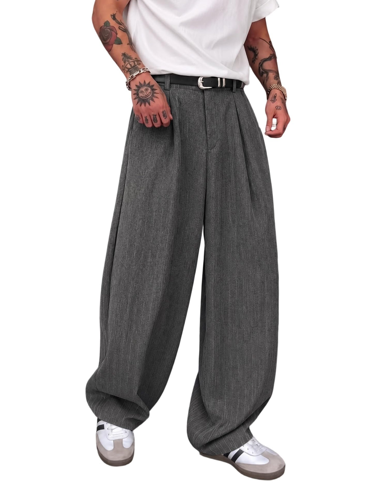 Men's Wide Leg Pinstripe Dress Pants, Relaxed Fit Elastic Waist Smart Casual Suit Trousers, Office Commuter Slacks