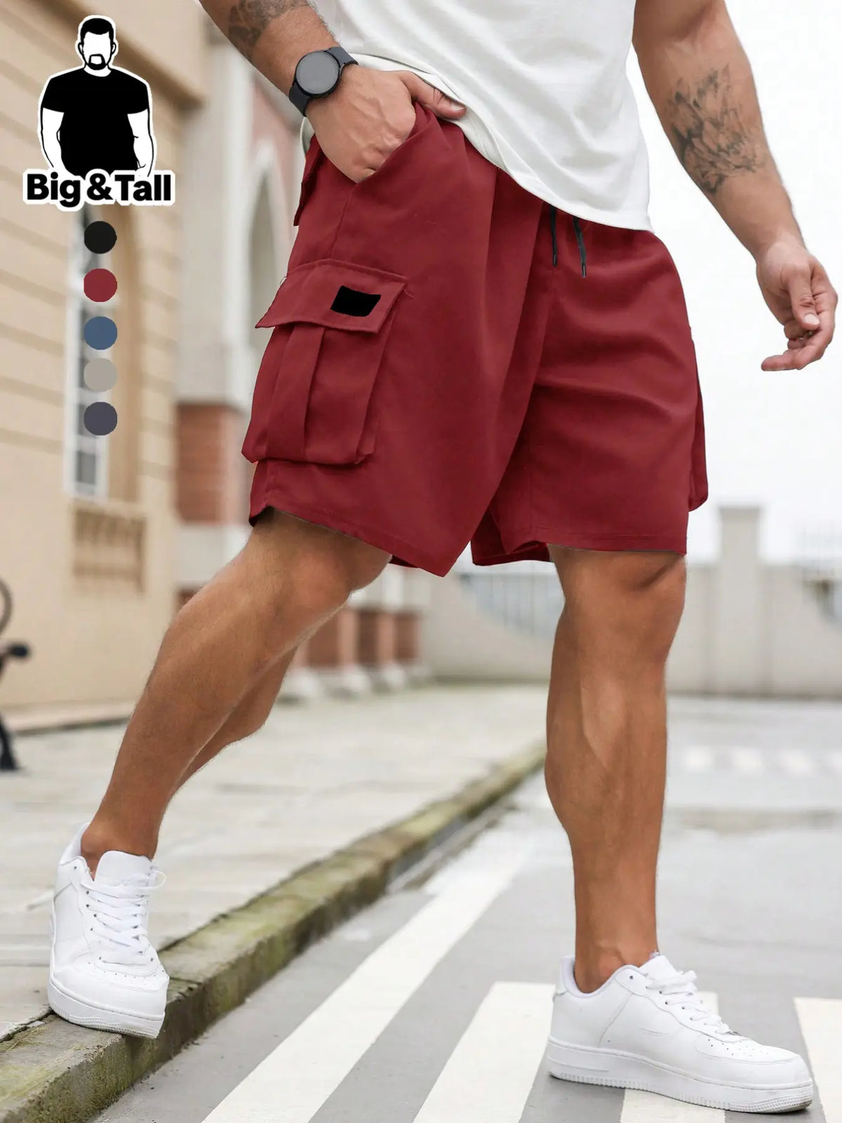Men's Plus Size Shorts with Pockets and Drawstring Waist, Casual Streetwear Summer Shorts, Breathable Lightweight Shorts, Comfortable Fit with Fashion Slimming Design, Polyester Material