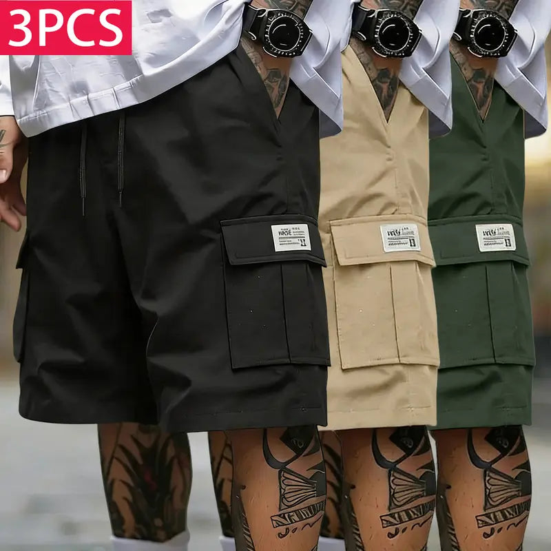Men’s 3-Piece Casual Cargo Baggy Shorts Set - Streetwear Woven Fabric Bottoms, Loose-Fit, Elastic Drawstring Waist, Lightweight Breathable, Multifunctional Pockets, for Summer Sports & Everyday Wear