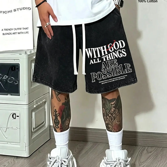 Men's Vintage Washed Shorts, 100% Cotton Drawstring Oversized Loose Fit, Christian Inspirational Streetwear, All over Print, Casual Five-Pocket Pants