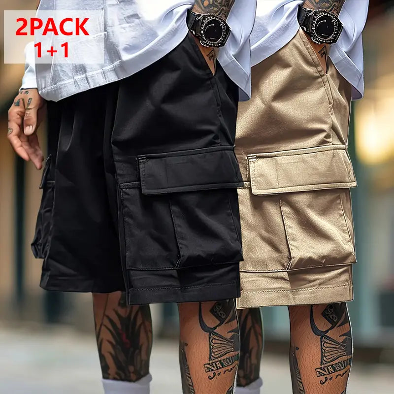 2 Pack Men's Plus Size Solid Cargo Shorts Multi Pockets Non-Stretch Breathable Polyester Summer Shorts for Commuting Hiking Daily Outdoor Wear