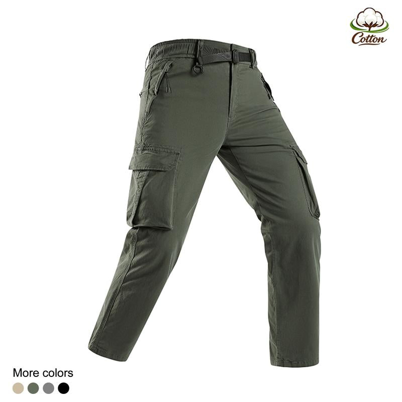 Zip Pocket Belted Elastic Waist Straight Leg Cargo Pants, Cotton Loose Fit Tactical Work Trousers, Lightweight Mens Hiking Street Travel Casual Everyday Pants
