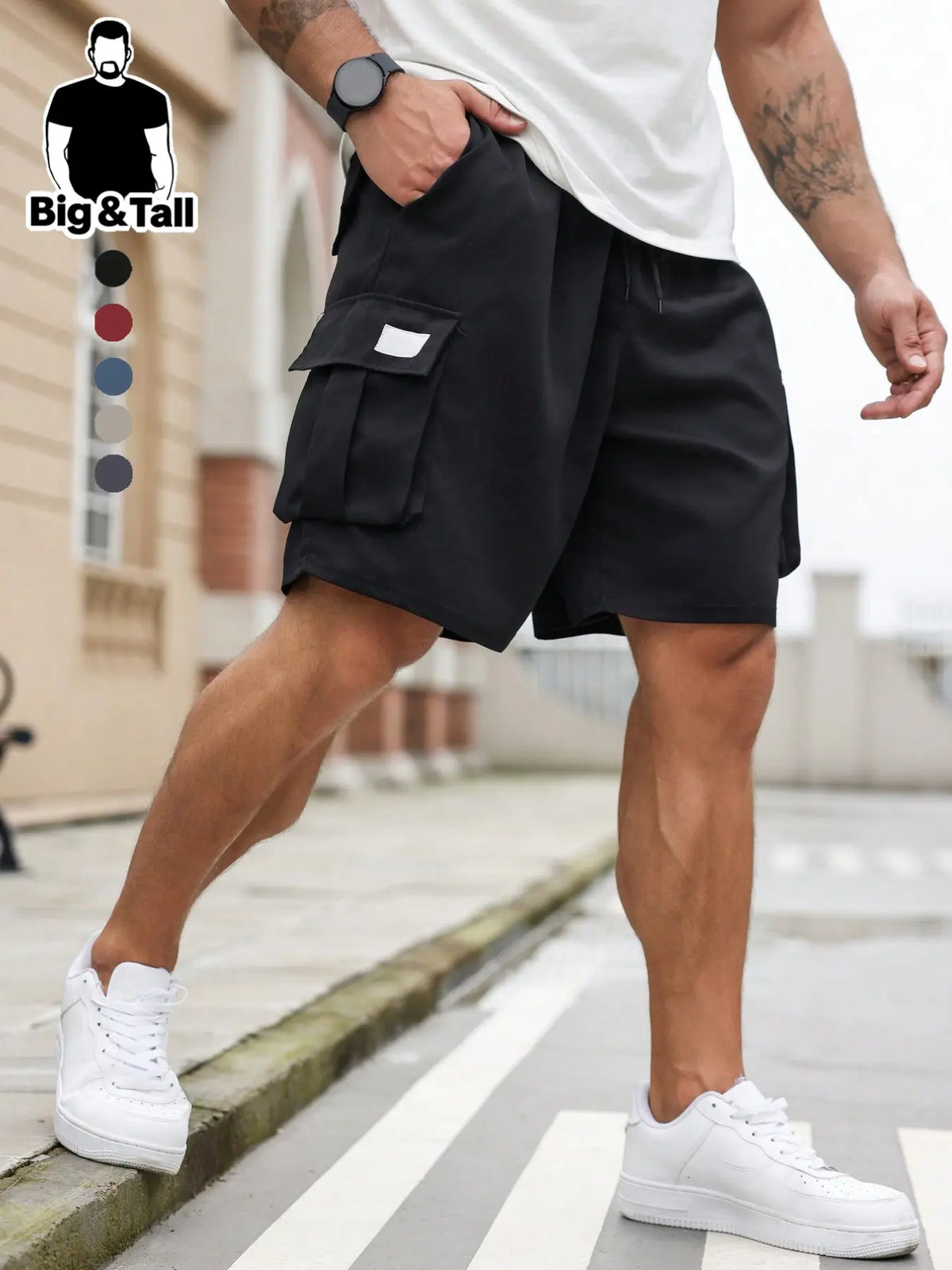 Men's Plus Size Shorts with Pockets and Drawstring Waist, Casual Streetwear Summer Shorts, Breathable Lightweight Shorts, Comfortable Fit with Fashion Slimming Design, Polyester Material