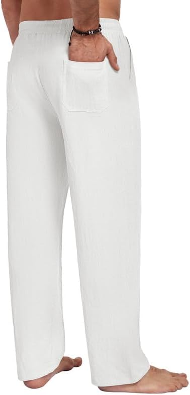 Mens Cotton Linen Pants Summer Beach Pant Loose Fit with Drawstring