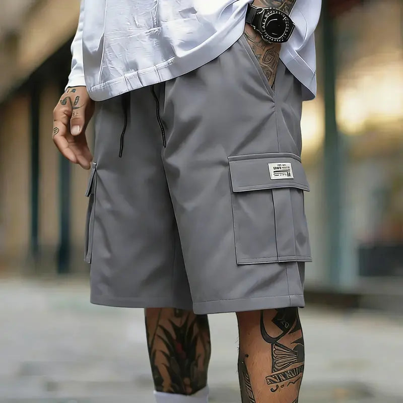 Men’s 3-Piece Casual Cargo Baggy Shorts Set - Streetwear Woven Fabric Bottoms, Loose-Fit, Elastic Drawstring Waist, Lightweight Breathable, Multifunctional Pockets, for Summer Sports & Everyday Wear