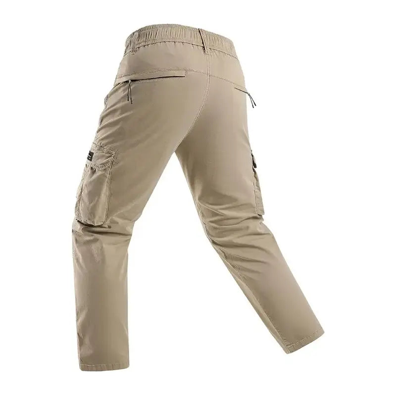 Zip Pocket Belted Elastic Waist Straight Leg Cargo Pants, Cotton Loose Fit Tactical Work Trousers, Lightweight Mens Hiking Street Travel Casual Everyday Pants
