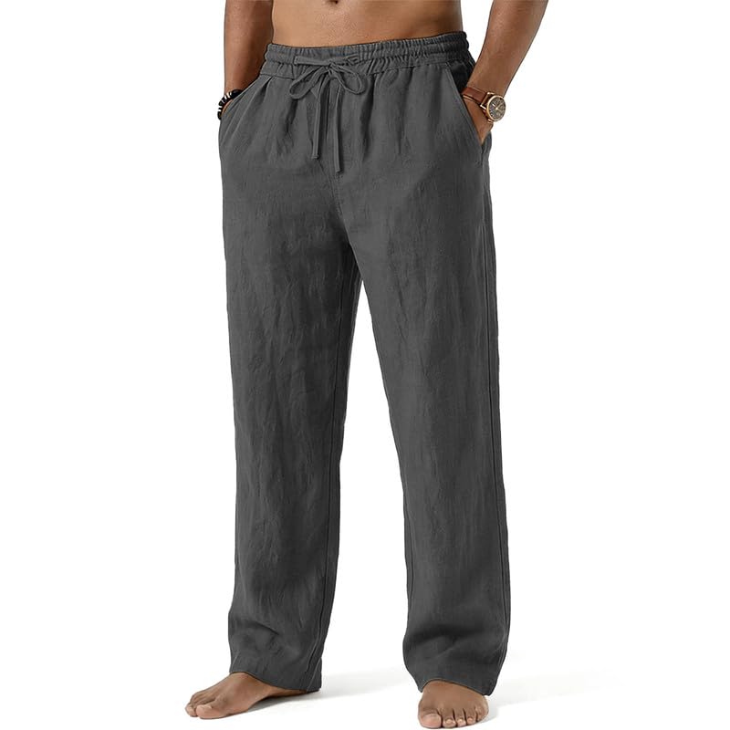 Mens Cotton Linen Pants Summer Beach Pant Loose Fit with Drawstring