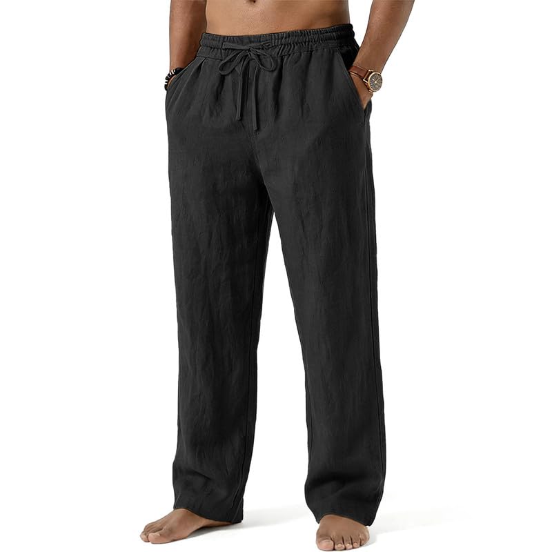 Mens Cotton Linen Pants Summer Beach Pant Loose Fit with Drawstring