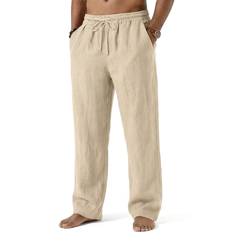 Mens Cotton Linen Pants Summer Beach Pant Loose Fit with Drawstring