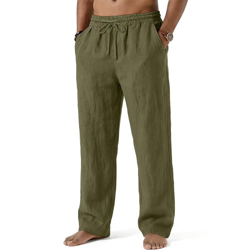 Mens Cotton Linen Pants Summer Beach Pant Loose Fit with Drawstring