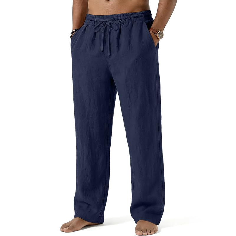 Mens Cotton Linen Pants Summer Beach Pant Loose Fit with Drawstring