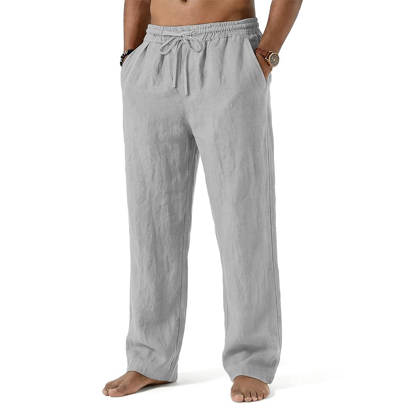 Mens Cotton Linen Pants Summer Beach Pant Loose Fit with Drawstring