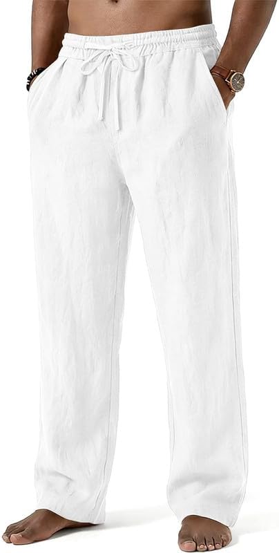 Mens Cotton Linen Pants Summer Beach Pant Loose Fit with Drawstring