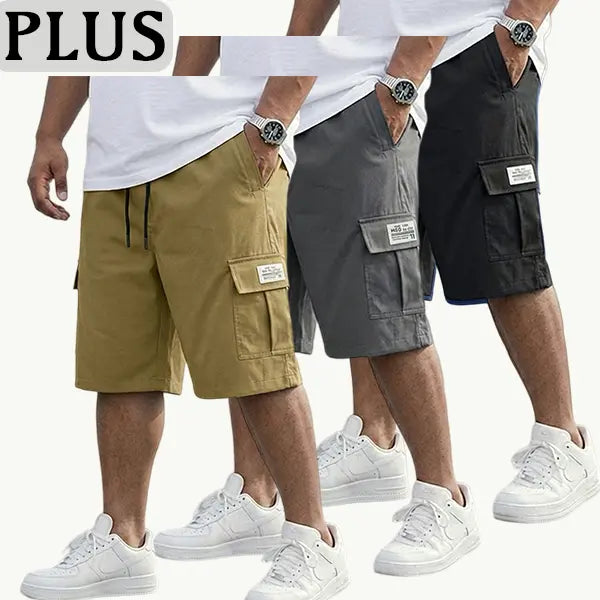 3-piece set — Plus-size men’s casual fashion shorts — drawstring, summer beach wear, slightly stretchy twill fabric, multi-pocket design, premium fit, versatile for everyday work and leisure; plus-size menswear; new for Summer 2026 fathersdaygift