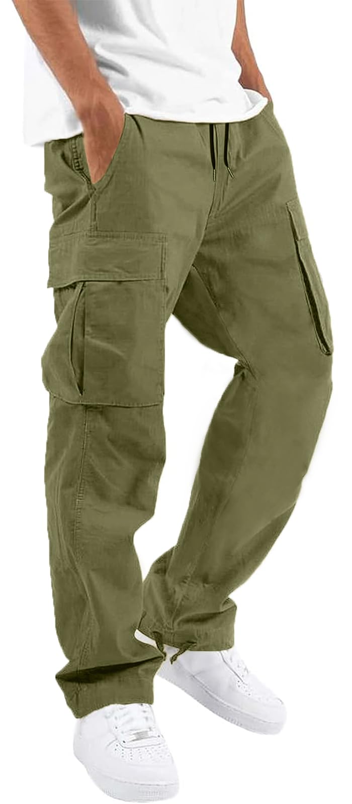 HUNGSON Mens Cargo Pants Drawstring Casual Hiking Pants Joggers Athletic Trousers Cotton Loose Straight Sweatpants for Men