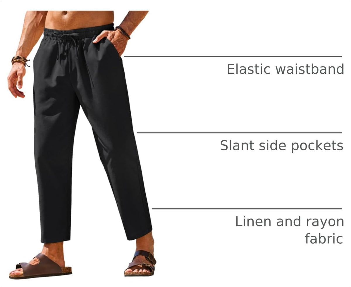 COOFANDY Mens Linen Casual Pants Elastic Drawstring Trousers Summer Pants