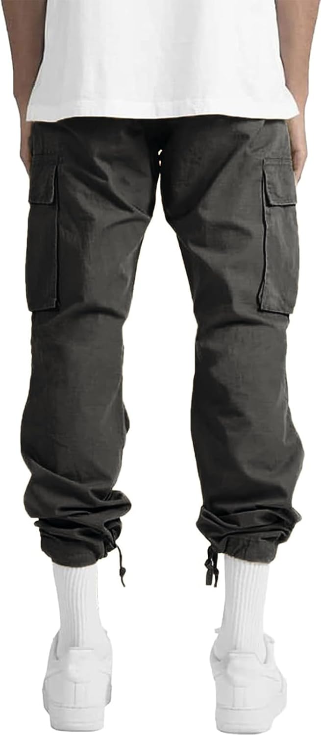 HUNGSON Mens Cargo Pants Drawstring Casual Hiking Pants Joggers Athletic Trousers Cotton Loose Straight Sweatpants for Men