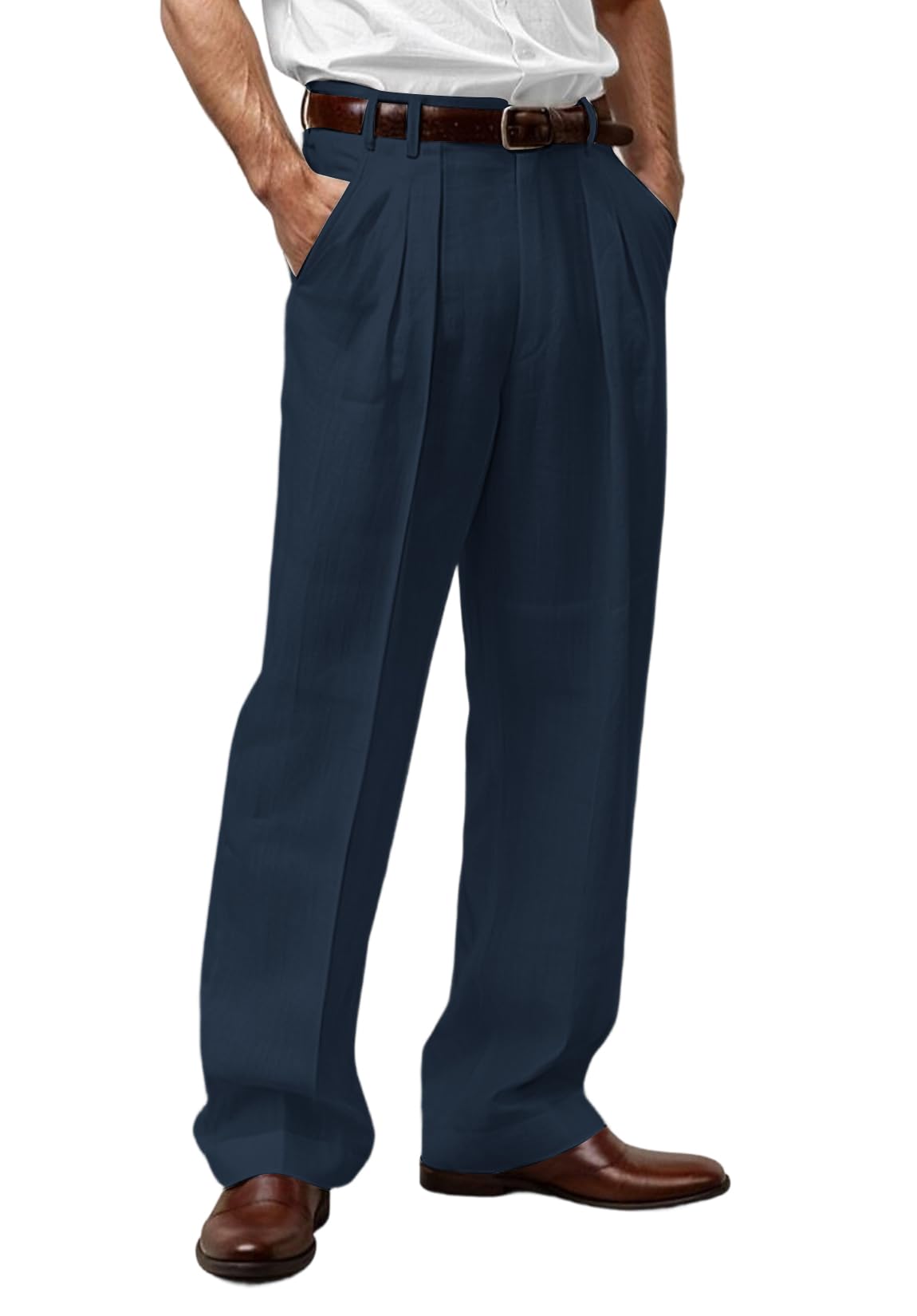 Mens Linen Blend Pants Pleated Front Relaxed Fit Trousers