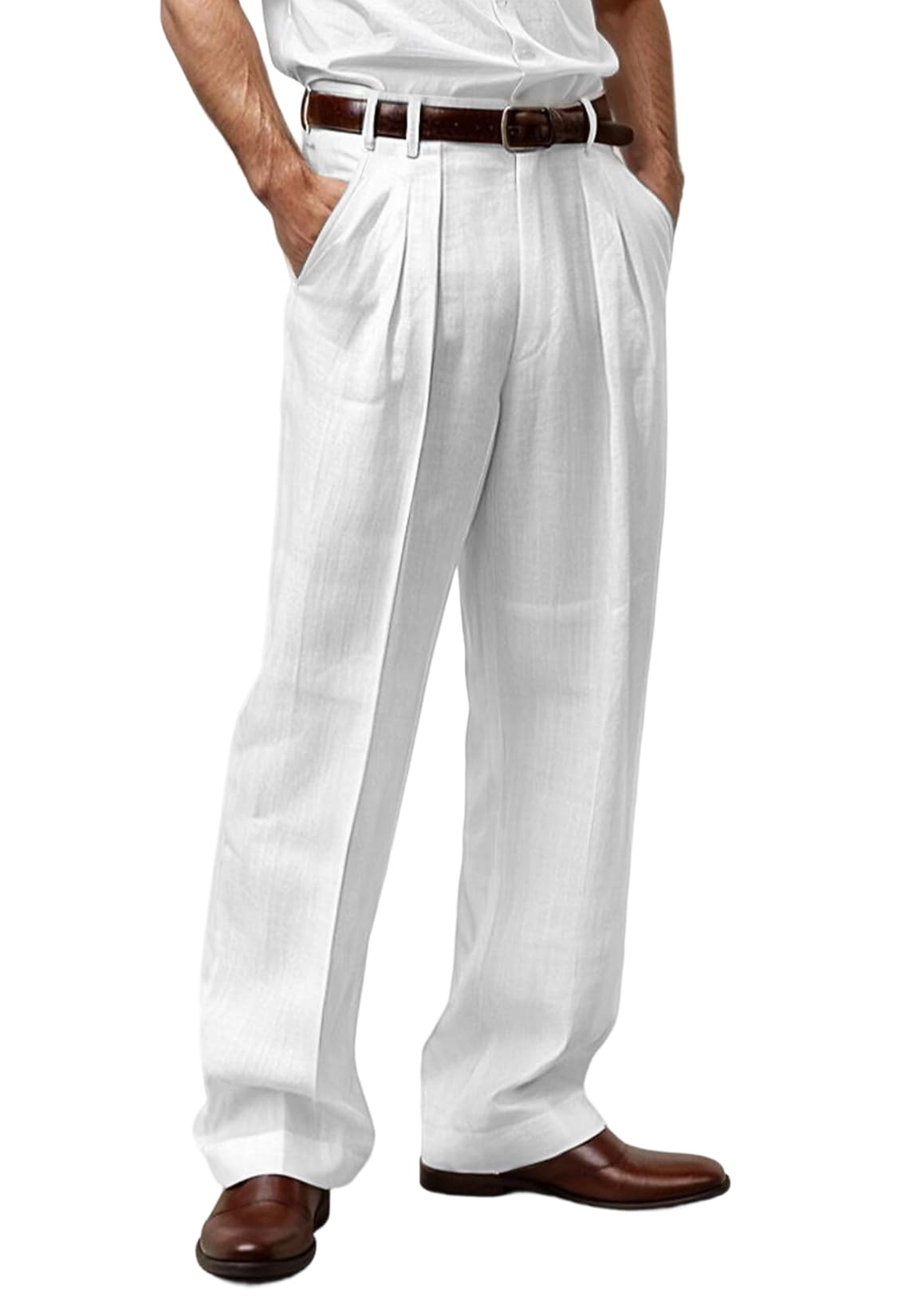 Mens Linen Blend Pants Pleated Front Relaxed Fit Trousers