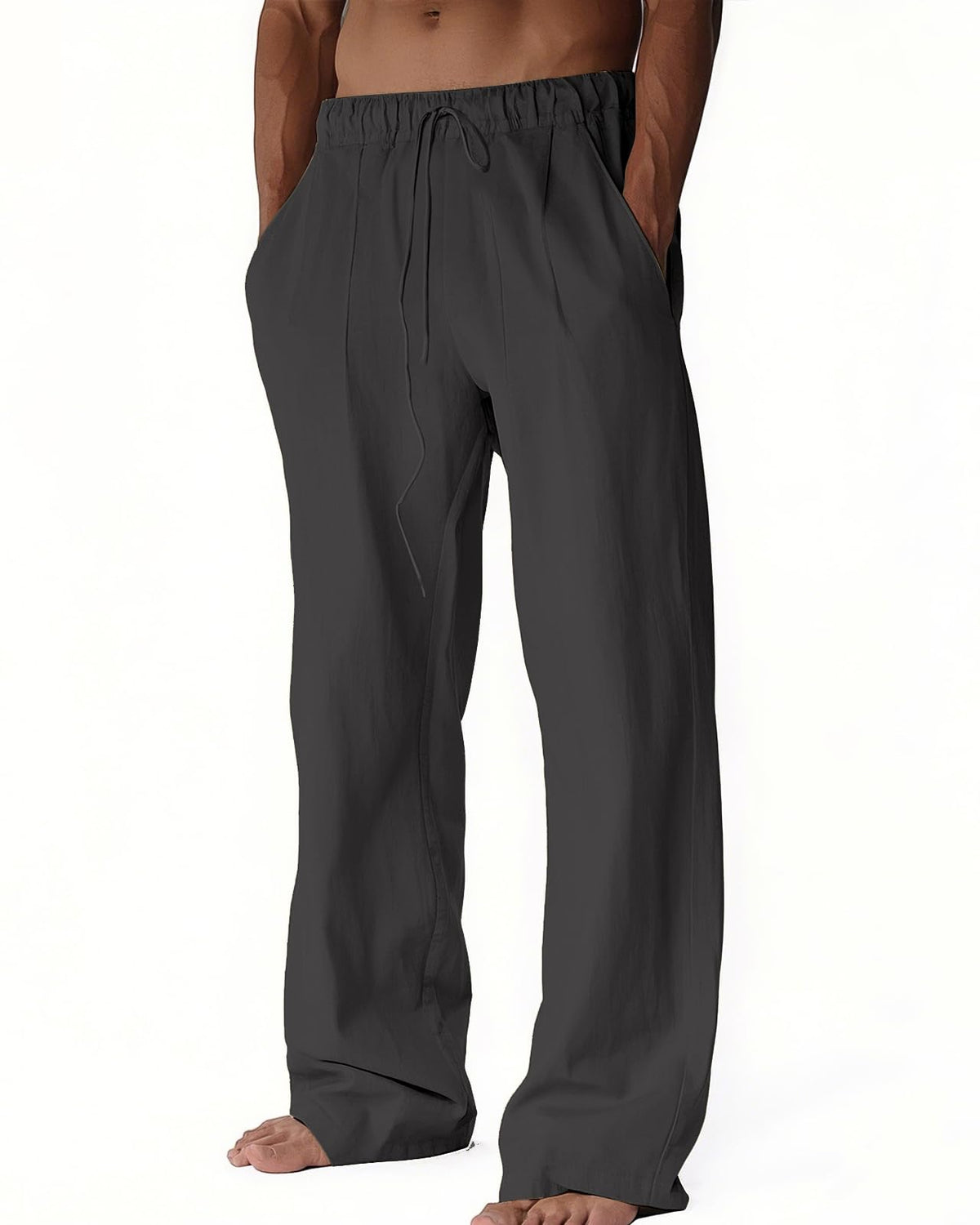 BUXKR Men's Linen Pants Beach Casual Cotton Summer Lightweight Elastic Waist Drawstring with Deep Pockets