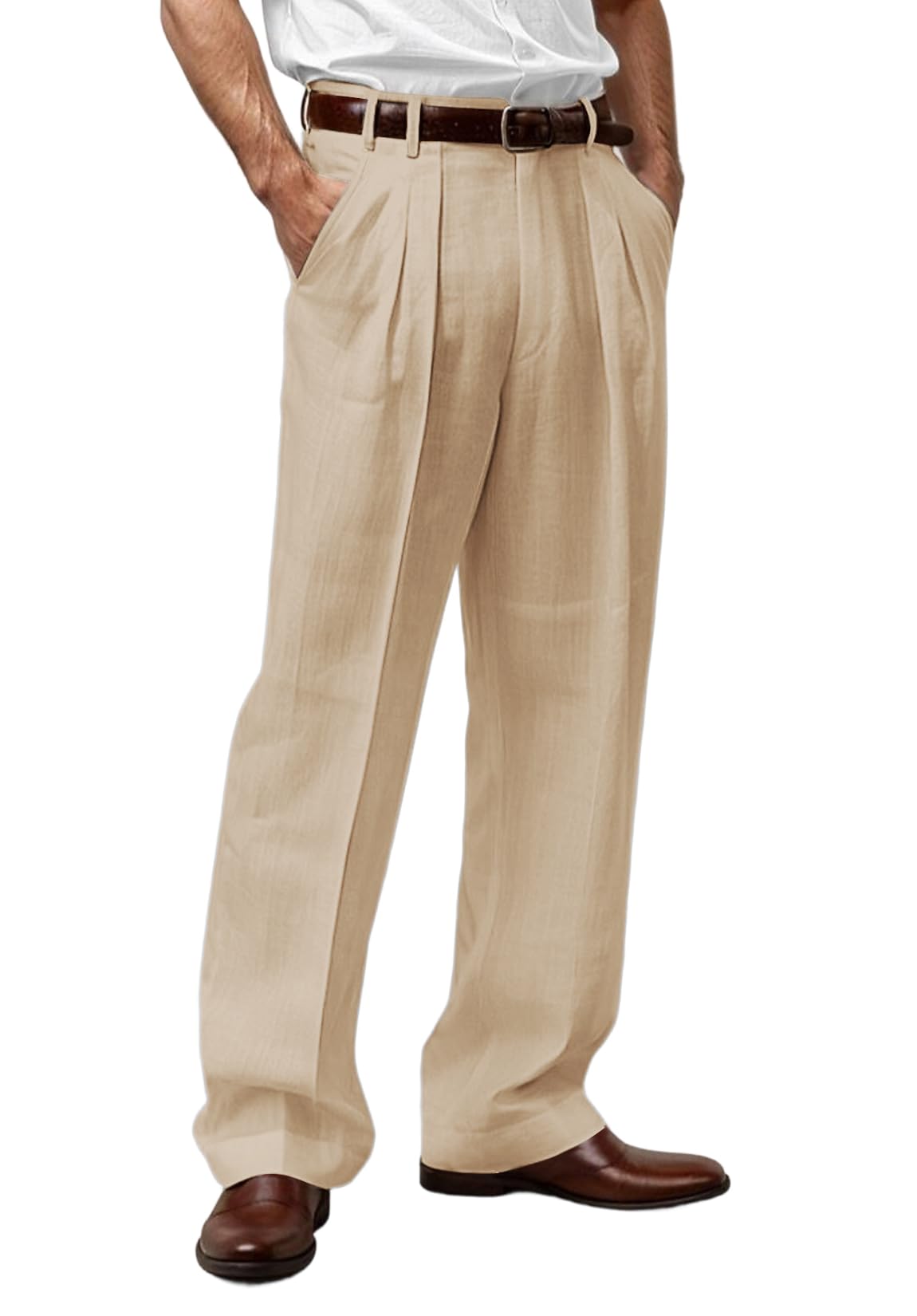 Mens Linen Blend Pants Pleated Front Relaxed Fit Trousers