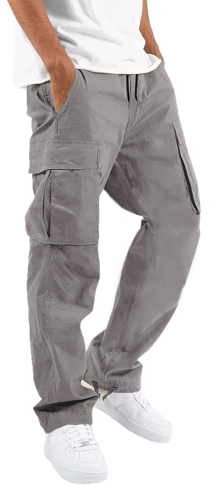 HUNGSON Mens Cargo Pants Drawstring Casual Hiking Pants Joggers Athletic Trousers Cotton Loose Straight Sweatpants for Men