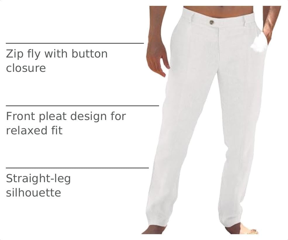 Runcati Mens Cotton Linen Casual Pants Dress Elastic Waist Trousers Slacks