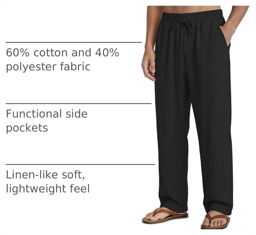 Men's Casual Pants Elastic Waist with Drawstring Loose Fit Beach Summer Trousers for Travel and Lounge Wear