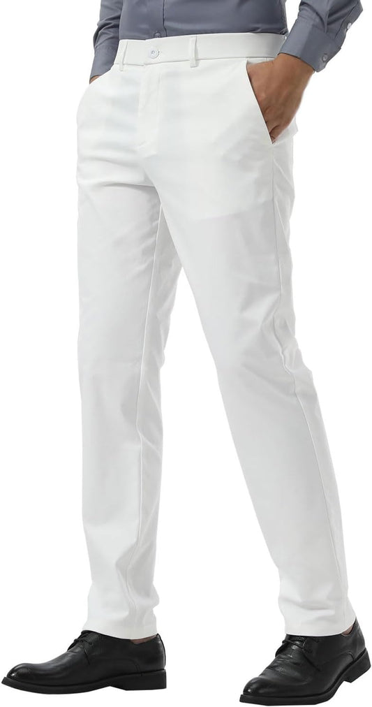 Plaid&Plain Men's Slim Fit Dress Pants Stretch Khaki Pants Wrinkle Free
