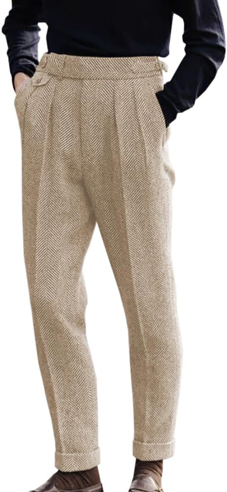 Men's Herringbone Tweed Dress Pants Regular Fit Vintage Wool Trousers