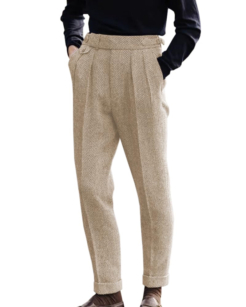 Men's Herringbone Tweed Dress Pants Regular Fit Vintage Wool Trousers