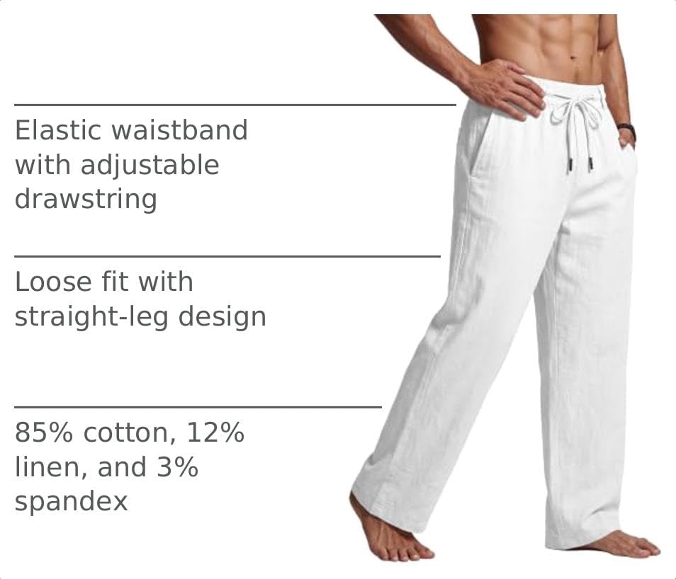 PIDOGYM Men's Cotton Linen Pants Summer Beach Pants Golf Dress Trousers