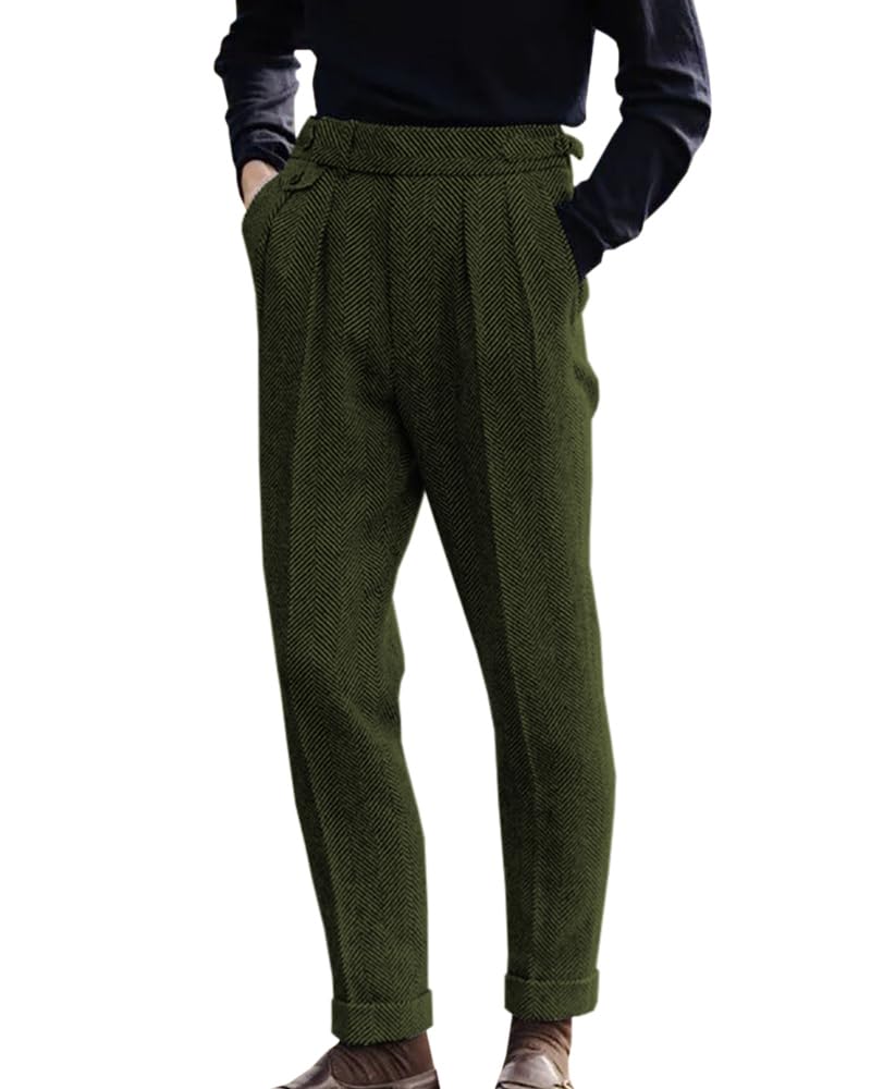 Men's Herringbone Tweed Dress Pants Regular Fit Vintage Wool Trousers